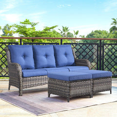Patio Sofa, Hand-Woven Resin Wicker with Gray Frame and Blue Cushions