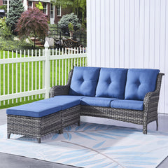 Patio Sofa, Hand-Woven Resin Wicker with Gray Frame and Blue Cushions