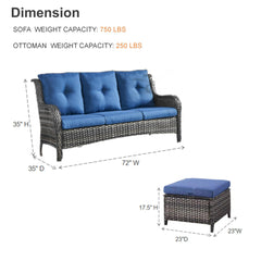 Patio Sofa, Hand-Woven Resin Wicker with Gray Frame and Blue Cushions
