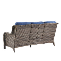 Patio Sofa, Hand-Woven Resin Wicker with Gray Frame and Blue Cushions