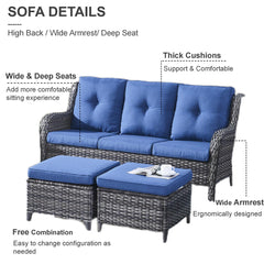 Patio Sofa, Hand-Woven Resin Wicker with Gray Frame and Blue Cushions