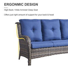 Patio Sofa, Hand-Woven Resin Wicker with Gray Frame and Blue Cushions