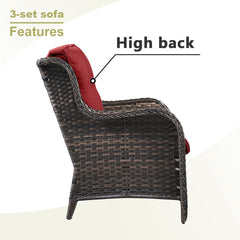 Patio Sofa, Seats 3, Brown Steel Frame with Red Cushions