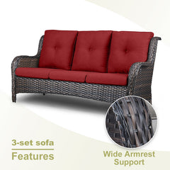 Patio Sofa, Seats 3, Brown Steel Frame with Red Cushions