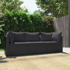 Patio Sofa Set in Black Poly Rattan with Black Cushions