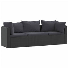 Patio Sofa Set in Black Poly Rattan with Black Cushions