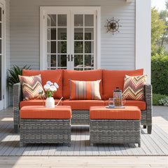 Patio Sofa Set with 2 Ottomans, Gray Steel Frame, Orange Red Cushions