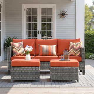 Patio Sofa Set with 2 Ottomans, Gray Steel Frame, Orange Red Cushions