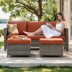 Patio Sofa Set with 2 Ottomans, Gray Steel Frame, Orange Red Cushions