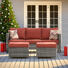 Patio Sofa Set with 2 Ottomans, Gray Steel Frame, Orange Red Cushions