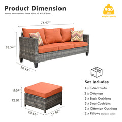 Patio Sofa Set with 2 Ottomans, Gray Steel Frame, Orange Red Cushions