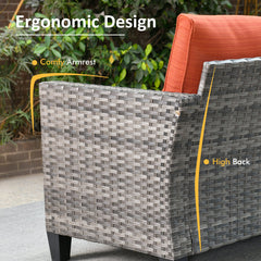 Patio Sofa Set with 2 Ottomans, Gray Steel Frame, Orange Red Cushions