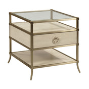 Pedestal Accent Table, Oak with Storage, Off White and Gold