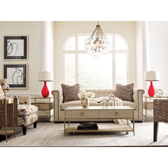 Pedestal Accent Table, Oak with Storage, Off White and Gold