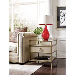 Pedestal Accent Table, Oak with Storage, Off White and Gold