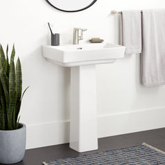 Pedestal Bathroom Sink, Pentero, Fireclay, Single Faucet Hole, 23", White