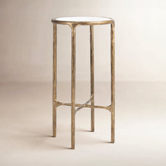 Pedestal End Table, Iron, White Marble Top with Brass Base