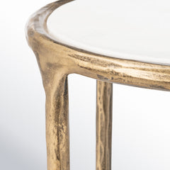 Pedestal End Table, Iron, White Marble Top with Brass Base