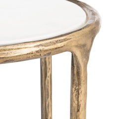 Pedestal End Table, Iron, White Marble Top with Brass Base