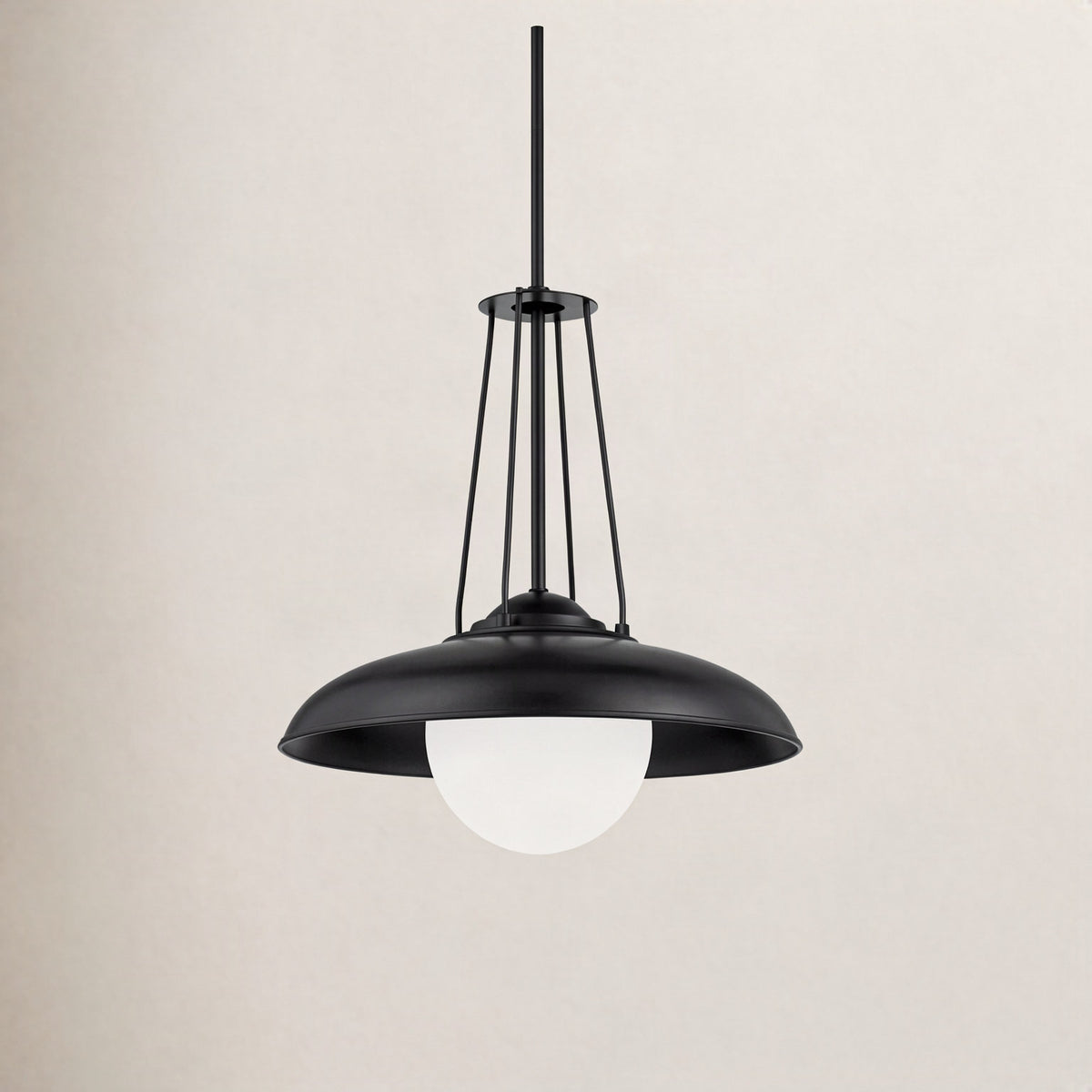 Pendant Light, 1-Light, Black Metal Dome with White Glass Globe