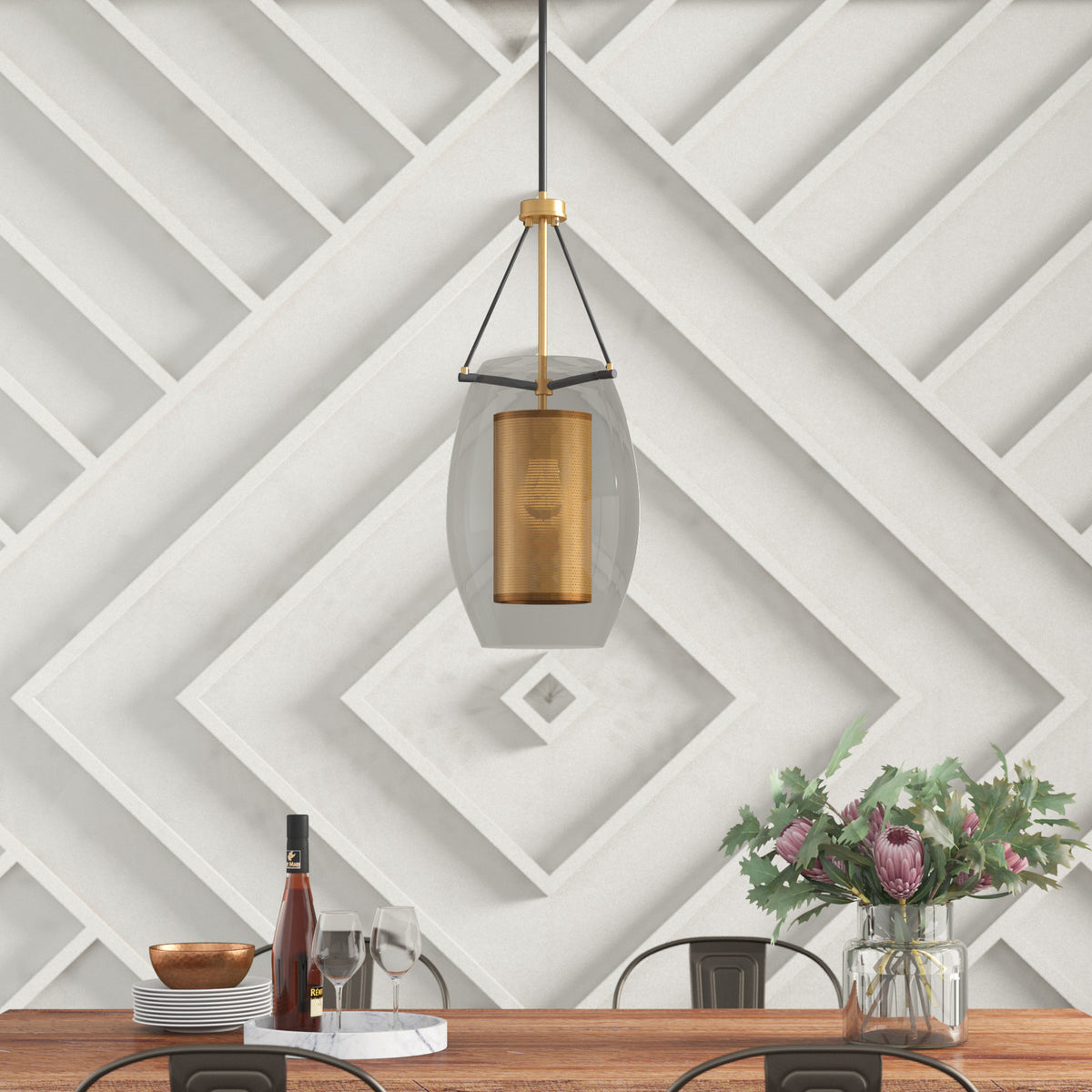 Pendant Light, 1-Light Metal Mesh Lantern with Clear Glass Oval