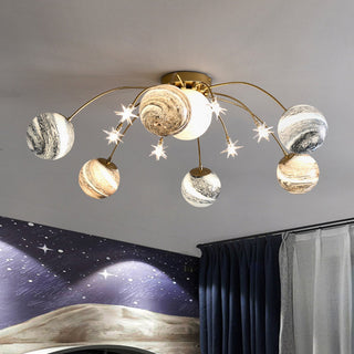 Pendant Light, 13 Lights, Brass with Yellow and Silver Glass Shade