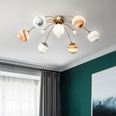 Pendant Light, 13 Lights, Brass with Yellow and Silver Glass Shade