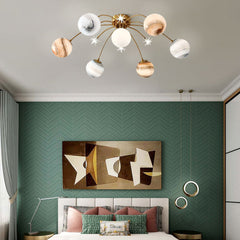 Pendant Light, 13 Lights, Brass with Yellow and Silver Glass Shade