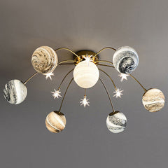 Pendant Light, 13 Lights, Brass with Yellow and Silver Glass Shade