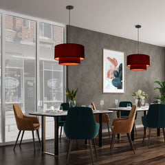 Pendant Light, 3-Light Double Drum, Black Shade with Orange Interior