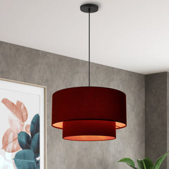 Pendant Light, 3-Light Double Drum, Black Shade with Orange Interior