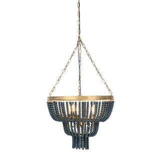 Pendant Light, 3-Light Tiered Metal with Wood Beads in Blue