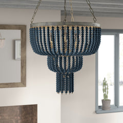 Pendant Light, 3-Light Tiered Metal with Wood Beads in Blue