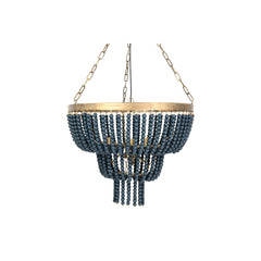 Pendant Light, 3-Light Tiered Metal with Wood Beads in Blue