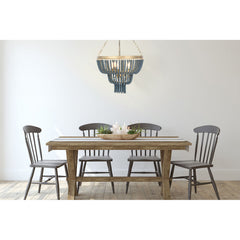 Pendant Light, 3-Light Tiered Metal with Wood Beads in Blue