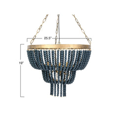 Pendant Light, 3-Light Tiered Metal with Wood Beads in Blue