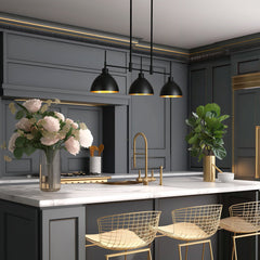 Pendant Light, 3 Lights, Black Metal Dome Shades with Brass Interior