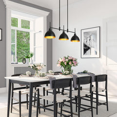 Pendant Light, 3 Lights, Black Metal Dome Shades with Brass Interior
