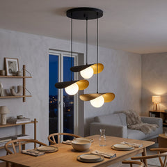 Pendant Light, 3 Lights, Black Shade with Antique Brass Finish