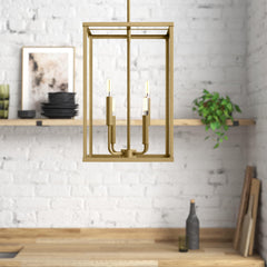 Pendant Light, 4-Light Open Frame Lantern in Brass Finish Metal