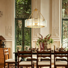 Pendant Light, 5-Light, Clear Ripple Glass with Gold Metal Frame
