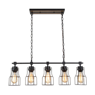 Pendant Light, 5-Light Linear, Matte Black Metal with Pine Wood Finish