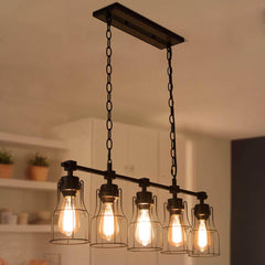 Pendant Light, 5-Light Linear, Matte Black Metal with Pine Wood Finish