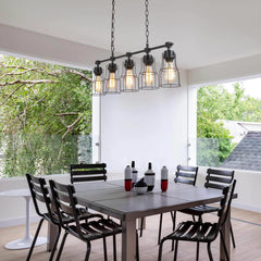 Pendant Light, 5-Light Linear, Matte Black Metal with Pine Wood Finish