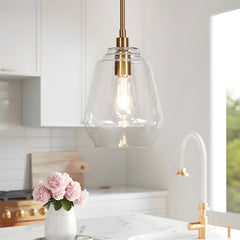 Pendant Light, Clear Glass Shade with Gold Finish Iron Base