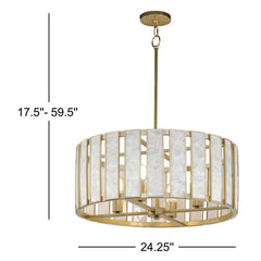 Pendant Light, Drum Shade in Capiz Shell with Natural Aged Brass Finish