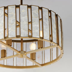 Pendant Light, Drum Shade in Capiz Shell with Natural Aged Brass Finish