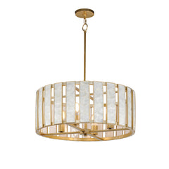 Pendant Light, Drum Shade in Capiz Shell with Natural Aged Brass Finish
