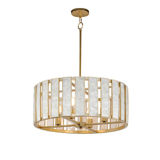 Pendant Light, Drum Shade in Capiz Shell with Natural Aged Brass Finish