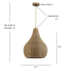 Pendant Light, Hand Woven Rattan in Beige with Antique Brass Finish